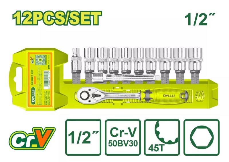 12 Pcs 1/2" ქანჩის სახსნელი თავაკები კომპლექტში 12ც-იანი DTST2212