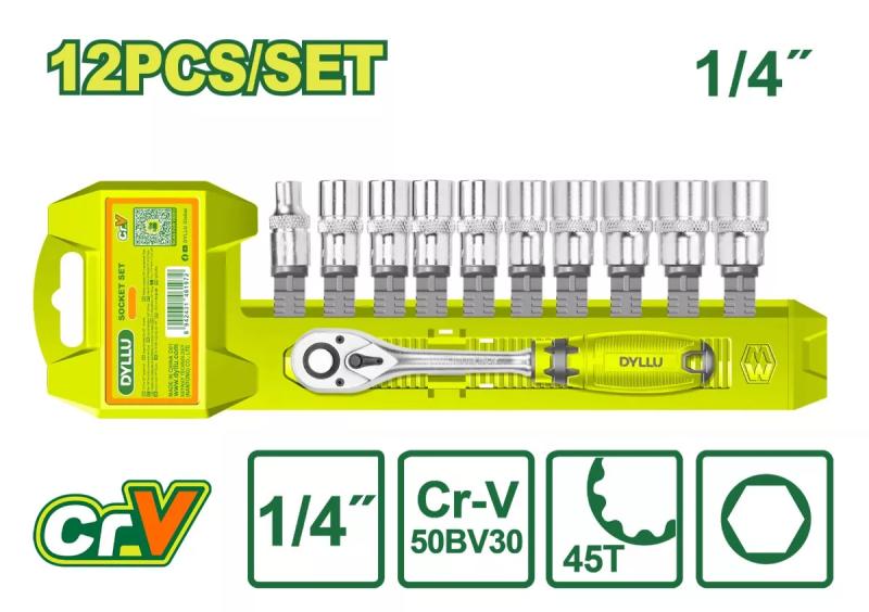 12 Pcs 1/4" ქანჩის სახსნელი თავაკები კომპლექტში 12ც-იანი DTST4212
