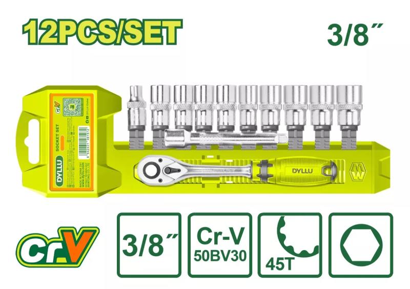 თავაკების ნაკრები სახელურით,3/8", 12ნაჭრ DTST3212 - Image 1