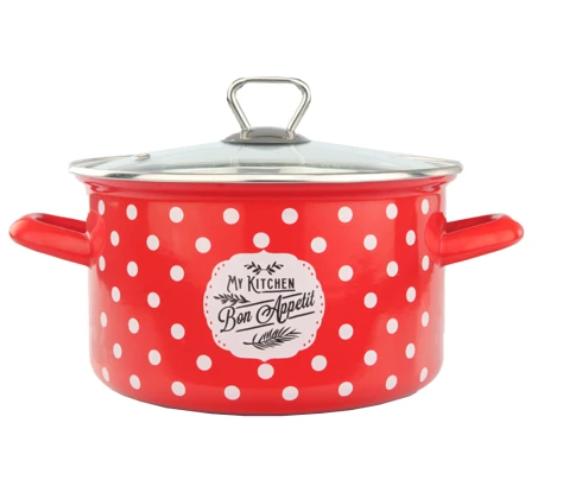 ქვაბების ნაკრები ემალის მინის თავსახურით წითელი 3ც  - Image 1