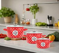 ქვაბების ნაკრები ემალის მინის თავსახურით წითელი 3ც  - Thumbnail 2