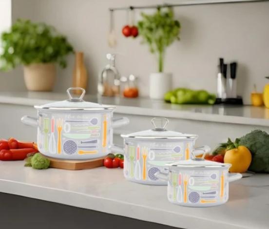 ქვაბების ნაკრები ემალის მინის თავსახურით ნაცრისფერი 3ც  - Image 2