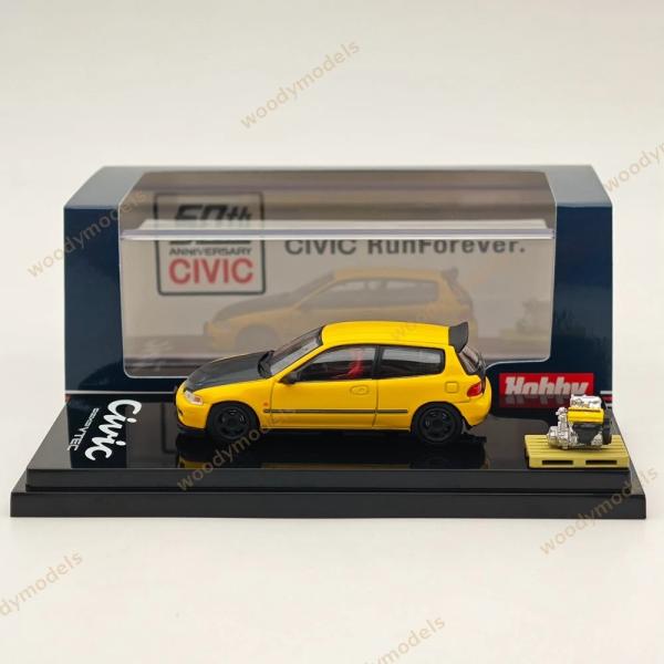 საკოლექციო მანქანა Hobby Japan 1:64 Civic (EG6) Customized Version with Engine Display Yellow - Image 5